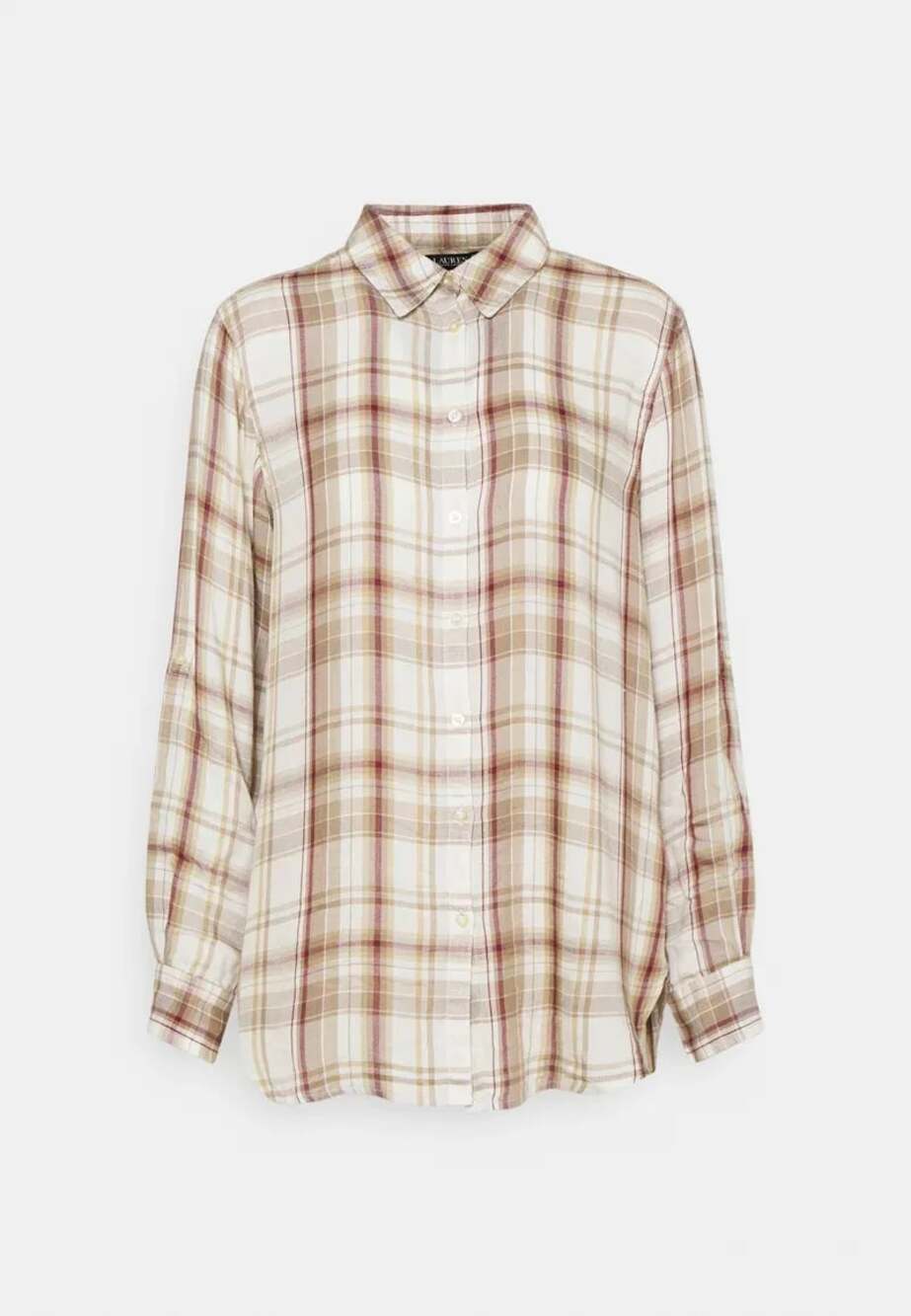 Lauren Ralph Lauren Tan and Cream Plaid Long Sleeve Tunic Blouse XS